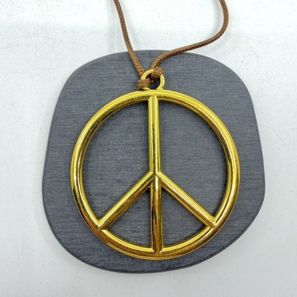 Gold Tone Peace Sign Pendant Necklace Brown Cord Boho Hippie Statement Gift